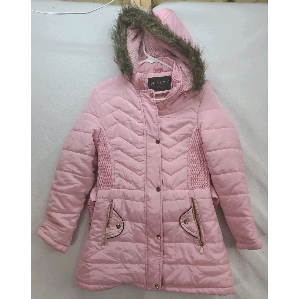 True Rock Womens Pink Quilted Faux Fur Hooded Puffer Jacket Sherpa Lined Sz Sm